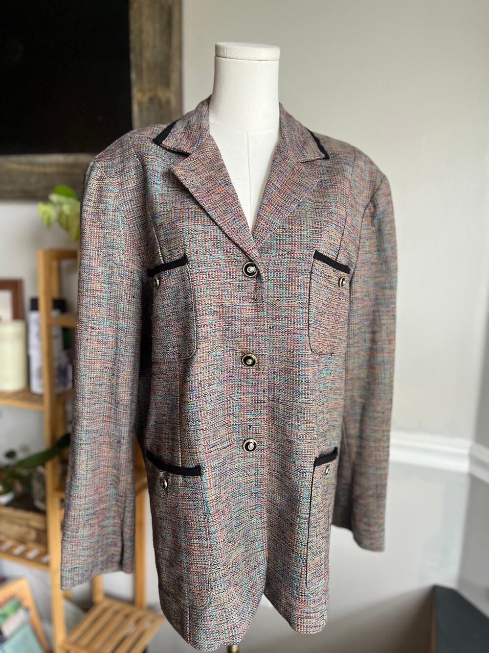 Vintage 80s Woven Blazer Jacket Multicolor Knit Cotton Silk Size XL